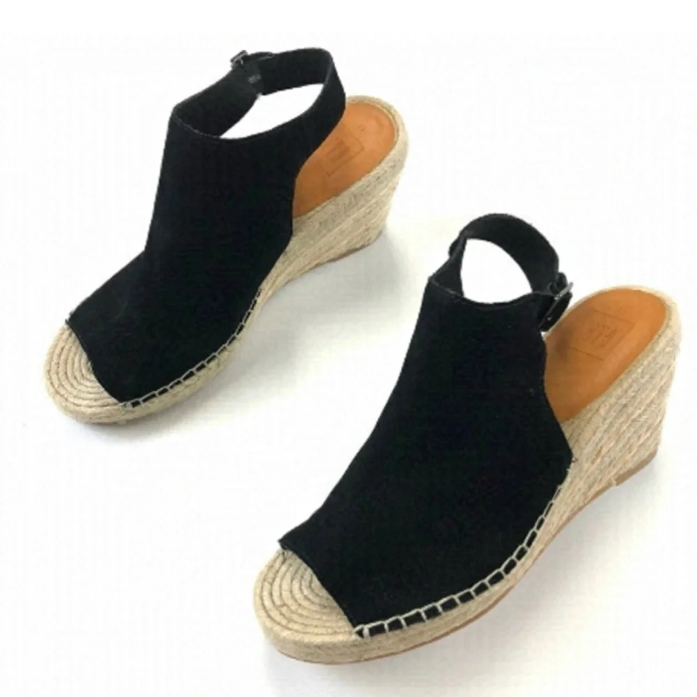 New GAP Black Suede Leather Espadrille Raffia Wedge Sandals, Size 11, Open Toe
